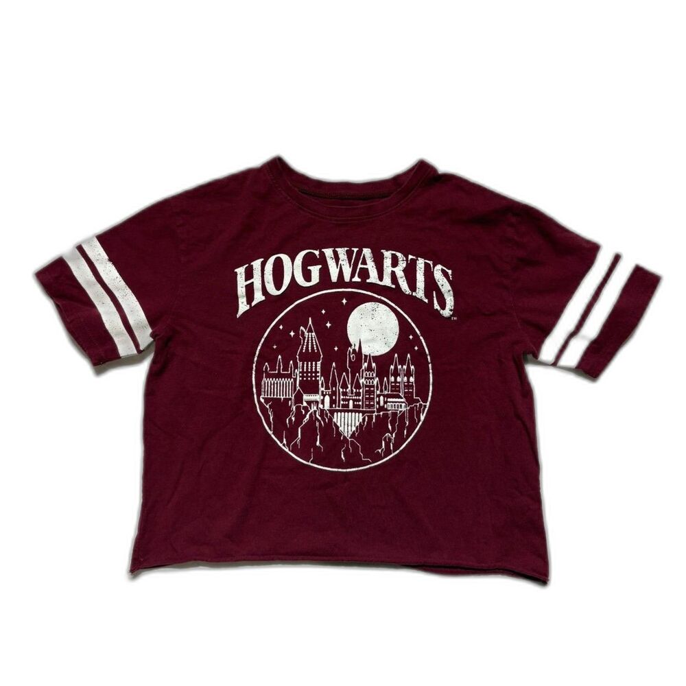 Harry Potter Hogwarts Varsity Crop Top Shirt Maroon Burgundy Graphic Tee Jr XL